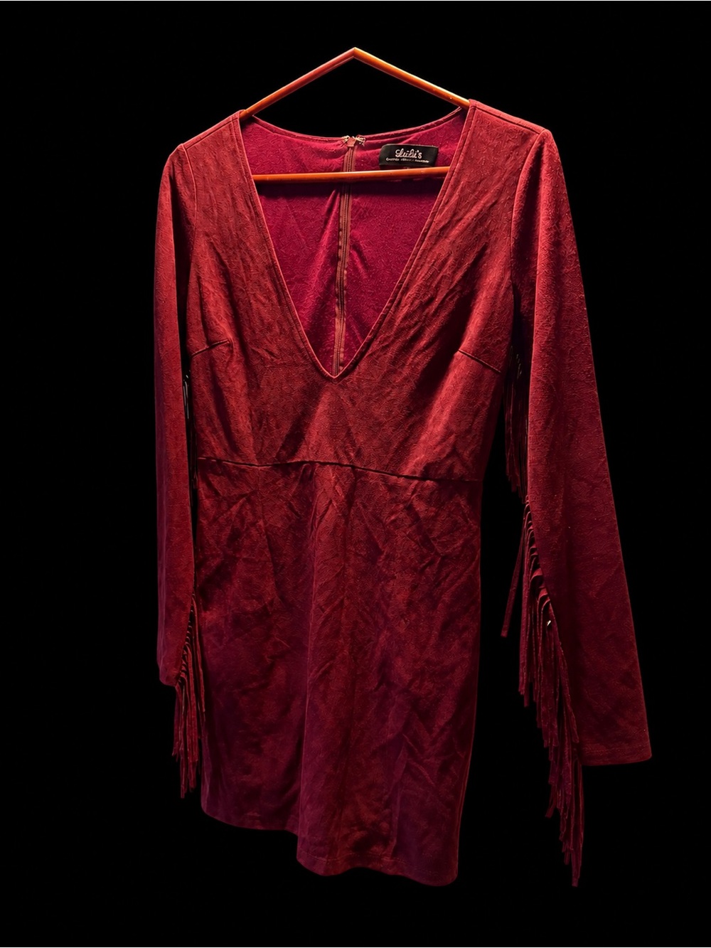 Lulu's Deep Red V-Neck Fringe Long Sleeve Dress
